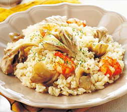 まいたけととえびのガーリックピラフ