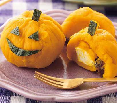 ハロウィンのカボチャ茶巾