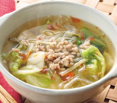 白菜と挽き肉のピリ辛春雨スープ